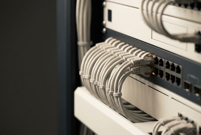 Close view of a network rack with neatly bundled grey patch cables running into switch ports