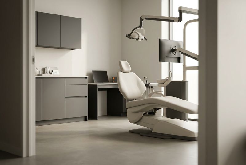An empty, spotless modern dental treatment room in soft daylight, with the monitor turned away