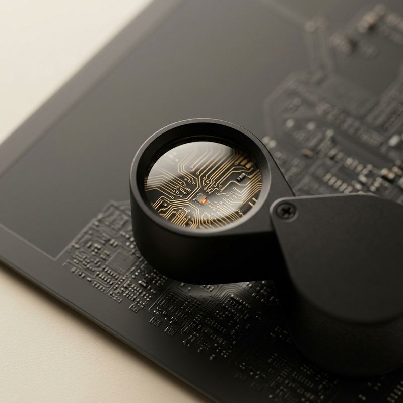 A black jeweller’s loupe resting on a dark circuit board, magnifying fine gold traces